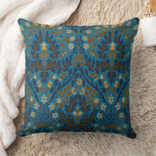 Vintage Blue Teal William Morris Autumn Flowers Throw Pillow