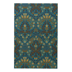 Vintage Blue Teal William Morris Autumn Flowers Wood Wall Art