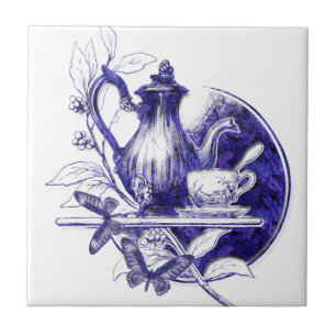 Vintage Blue Teapot&Butterflies decorative tile