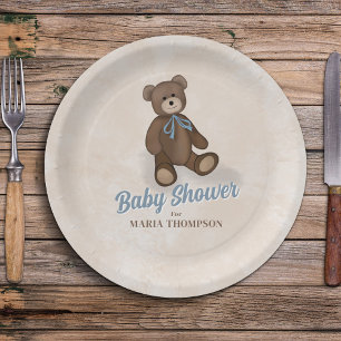 Vintage Blue Teddy Bear Custom Baby Shower Paper Plates