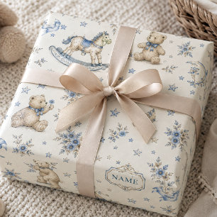 Vintage Blue Teddy Bear Custom Name Wrapping Paper