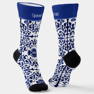 Vintage Blue Tile Painting with Custom Cuff Text Socks