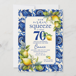 Vintage Blue Tile Yellow Lemon 70th Birthday Invitation