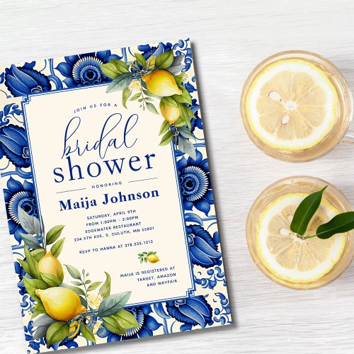 Vintage Blue Tile Yellow Lemons Bridal Shower Invitation