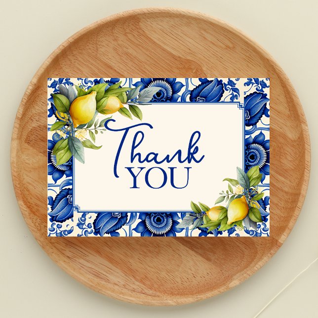 Vintage Blue Tile Yellow Lemons  Thank You Card (Vintage Blue Tile Yellow Lemons Thank You Card)