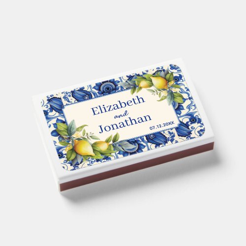 Vintage Blue Tile Yellow Lemons Wedding Matchboxes