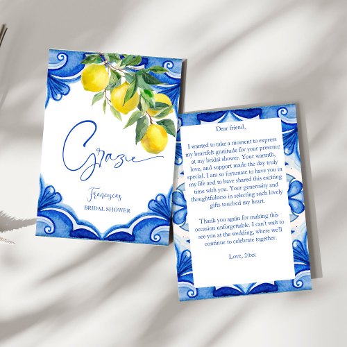Vintage Blue tiles lemons Italian bridal shower Thank You Card