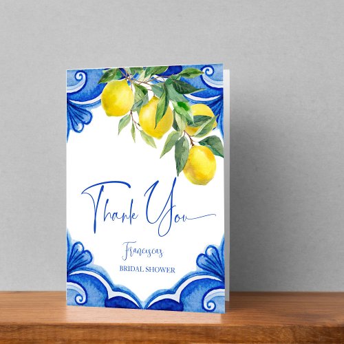 Vintage Blue tiles lemons Italian bridal shower Thank You Card