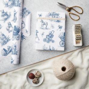 Vintage Blue Toile Baby Theme Wrapping Paper