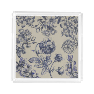 Vintage Blue Toile Botanical Floral Antique Patter Acrylic Tray