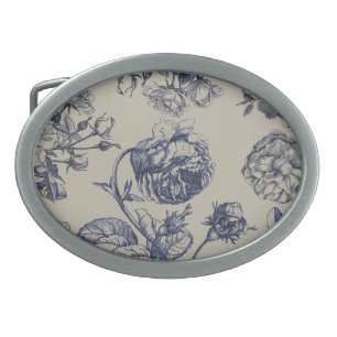 Vintage Blue Toile Botanical Floral Antique Patter Belt Buckle