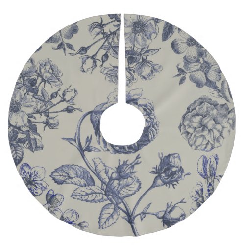 Vintage Blue Toile Botanical Floral Antique Patter Brushed Polyester Tree Skirt