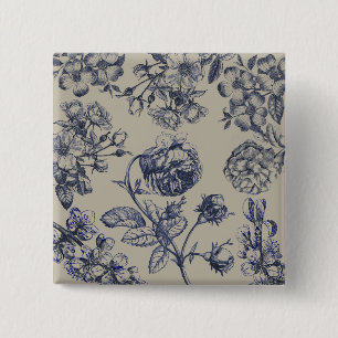 Vintage Blue Toile Botanical Floral Antique Patter Button