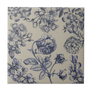 Vintage Blue Toile Botanical Floral Antique Patter Ceramic Tile