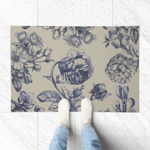 Vintage Blue Toile Botanical Floral Antique Patter Doormat