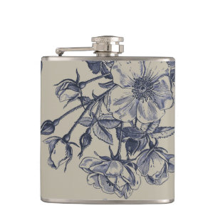 Vintage Blue Toile Botanical Floral Antique Patter Flask