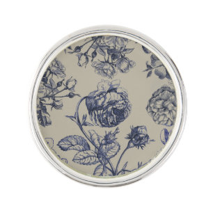Vintage Blue Toile Botanical Floral Antique Patter Lapel Pin