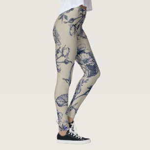 Vintage Blue Toile Botanical Floral Antique Patter Leggings