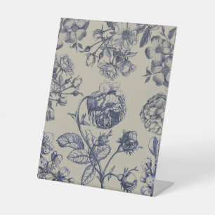 Vintage Blue Toile Botanical Floral Antique Patter Pedestal Sign
