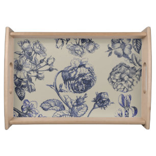Vintage Blue Toile Botanical Floral Antique Patter Serving Tray
