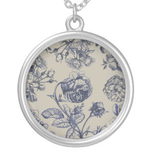 Vintage Blue Toile Botanical Floral Antique Patter Silver Plated Necklace