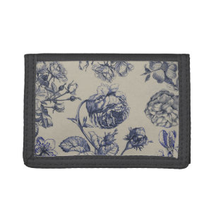 Vintage Blue Toile Botanical Floral Antique Patter Tri-fold Wallet