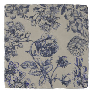 Vintage Blue Toile Botanical Floral Antique Patter Trivet