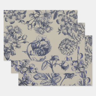 Vintage Blue Toile Botanical Floral Antique Patter Wrapping Paper Sheets