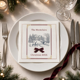 Vintage Blue Toile Burgundy Bow Christmas Cocktail Napkins