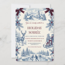 Vintage Blue Toile Burgundy Bow Holiday Soiree