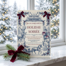 Vintage Blue Toile Burgundy Bow Holiday Soiree