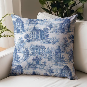 Vintage Blue Toile de Jouy Architectural Pattern Throw Pillow