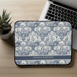 Vintage Blue Toile de Jouy Damask Monogram Laptop Sleeve