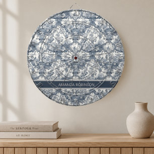 Vintage Blue Toile de Jouy Floral Monogram Dart Board