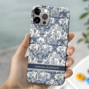 Vintage Blue Toile De Jouy Floral Monogram iPhone 14 Case