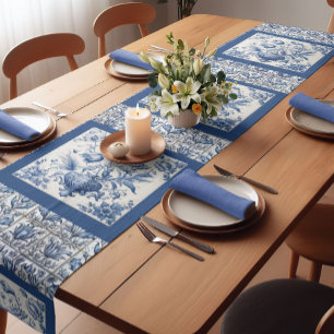 Vintage Blue Toile de Jouy Floral Monogram Short Table Runner