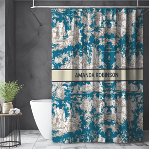 Vintage Blue Toile De Jouy Floral Monogram Shower Curtain