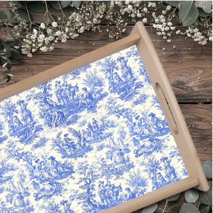Vintage Blue Toile de Jouy French Country Scene Serving Tray