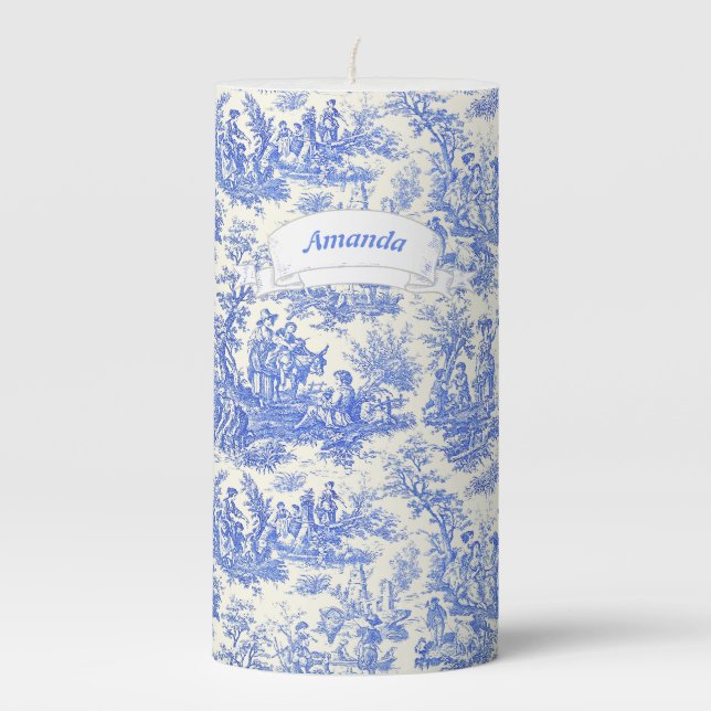 Vintage blue toile de jouy printed pillar candle (Front)
