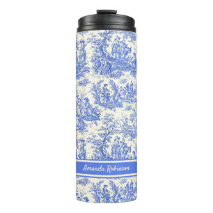 Vintage blue toile de jouy printed thermal tumbler
