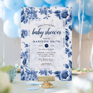 Vintage Blue Toile Floral Baby Shower Invitation