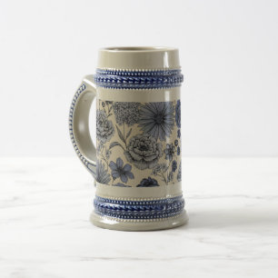 Vintage Blue Toile Floral Botanical Pattern Beer Stein