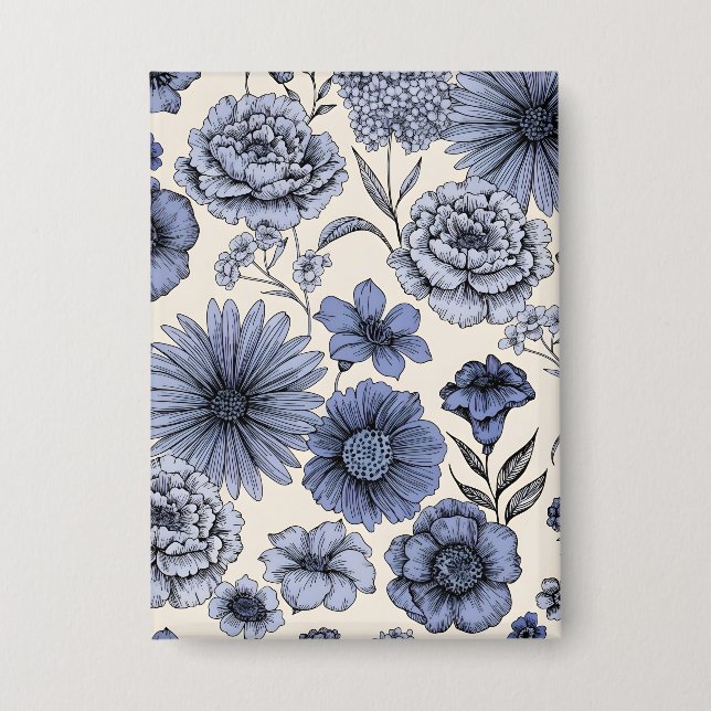 Vintage Blue Toile Floral Botanical Pattern Button (Front)