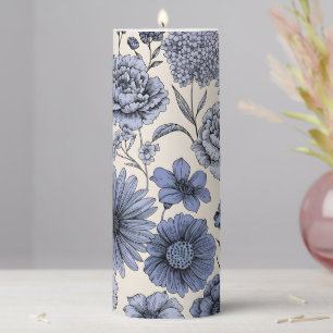Vintage Blue Toile Floral Botanical Pattern Pillar Candle