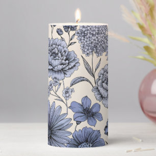 Vintage Blue Toile Floral Botanical Pattern Pillar Candle