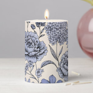 Vintage Blue Toile Floral Botanical Pattern Pillar Candle