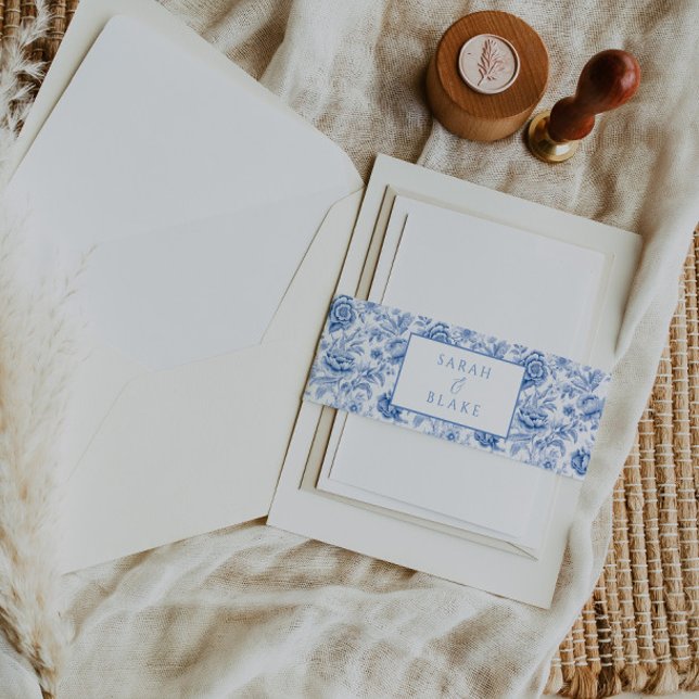 Vintage Blue Toile Floral Invite Belly Band  (Creator Uploaded)