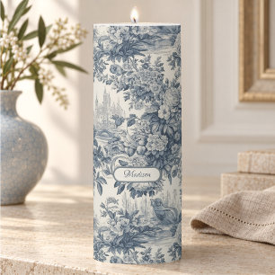 Vintage Blue Toile Floral Monogram French Chic Pillar Candle