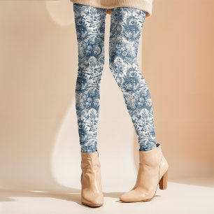 Vintage Blue Toile Floral Monogram Leggings