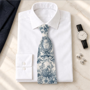 Vintage Blue Toile Floral Monogram Neck Tie